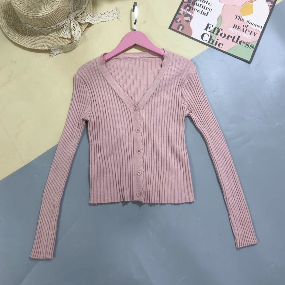 Pink Ribbed Knit Button-Down V-Neck Cardigan